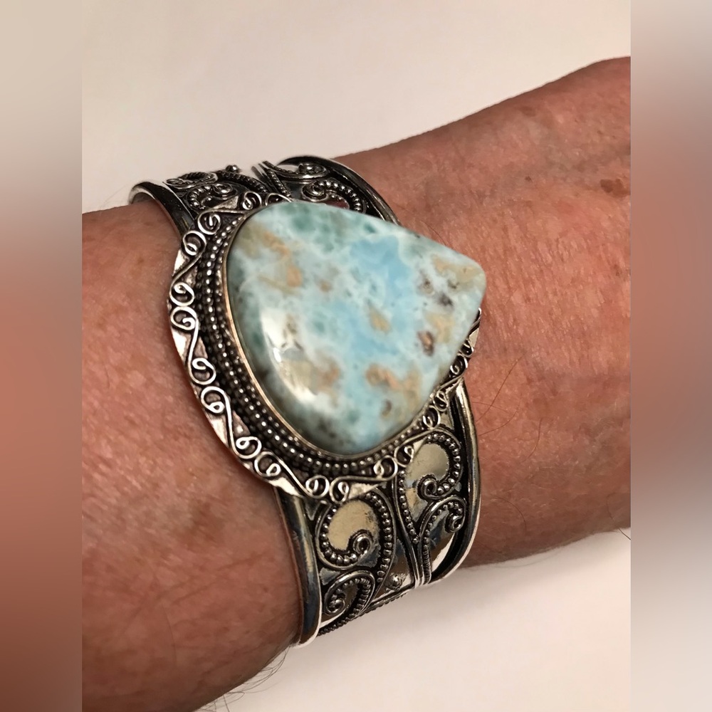 Larimar Stamped Solid 925 Sterling Silver Cuff Bracelet